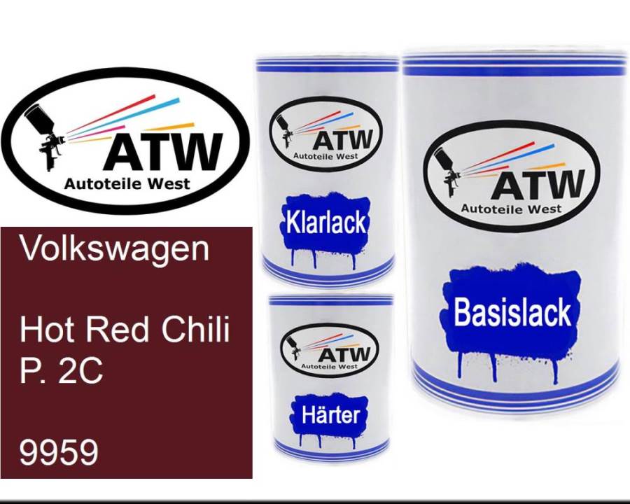 Volkswagen, Hot Red Chili P. 2C, 9959: 500ml Lackdose + 500ml Klarlack + 250ml Härter - Set, von ATW Autoteile West.